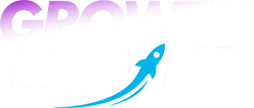 Blue rocket with a curved trail under a purple wordmark on a white background