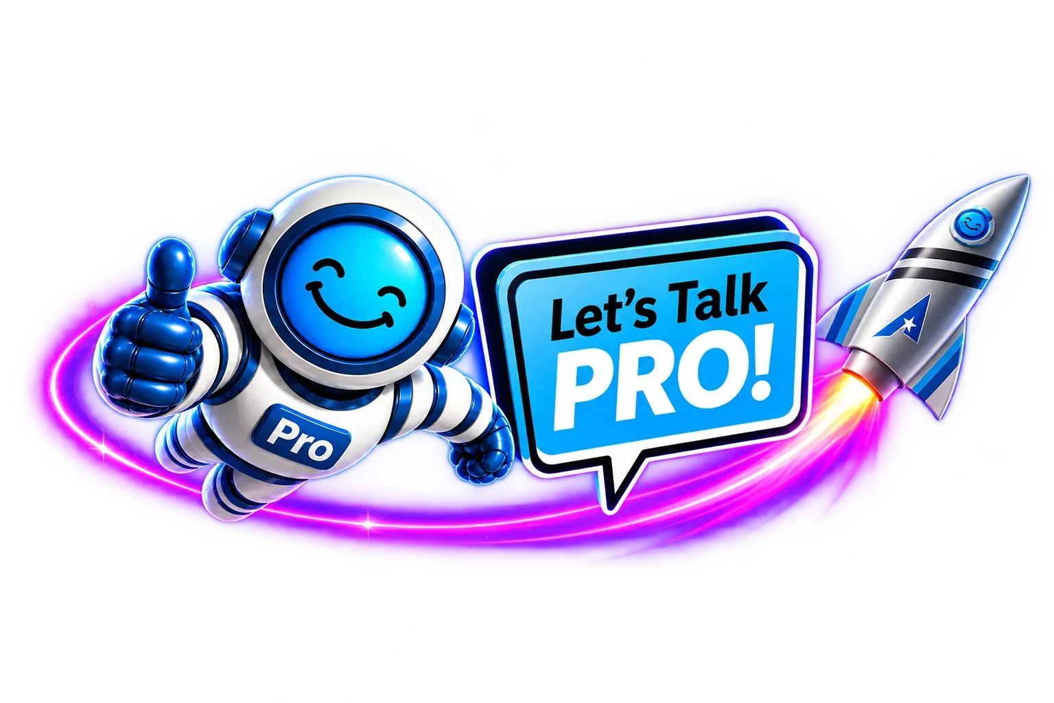 Blue smiling robot mascot with “Let’s Talk PRO!” speech bubble and rocket icon on a white background