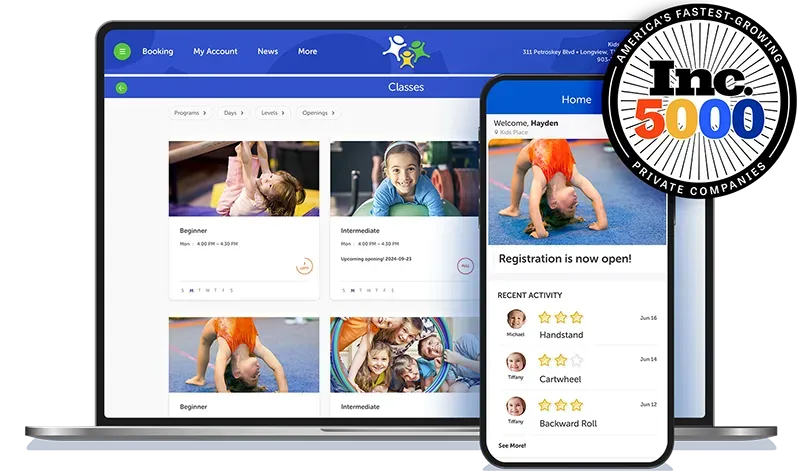 Laptop and phone screens displaying a children's activities website. Inc. 5000 logo is visible.