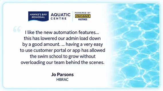Testimonial card on blue water background praising automation features and customer portal app usability