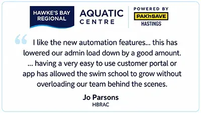 Testimonial card on blue water background praising automation features and customer portal app usability