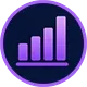 Blue analytics icon with bar chart and rising line graph on a dark circular background
