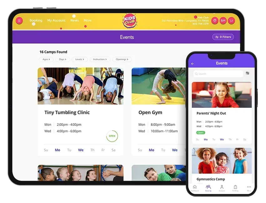Tablet and phone showing a gym events app with class listings and photos on purple and yellow screens