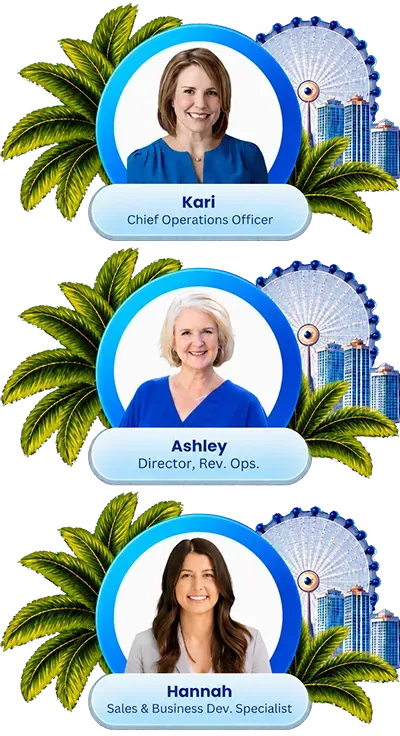 Three circular portraits in blue frames with names below, palm leaves on left and a ferris wheel on right.