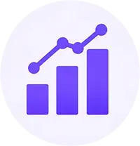 Purple bar chart with an upward trend line on a light circular background