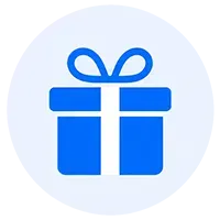 Blue gift box icon with a ribbon on a light circular background