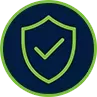 Blue shield icon with green checkmark outline on a dark background