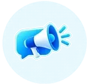 Blue megaphone icon with sound waves on a light blue circular background