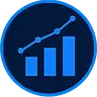 Blue analytics chart icon with upward trend line on a dark circular background