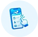 Blue smartphone app screen with a hand tapping a calendar icon on a light background