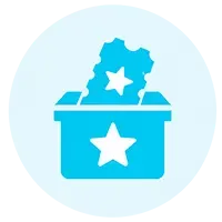 Blue donation box with a star and a ticket dropping in, on a light blue circle background