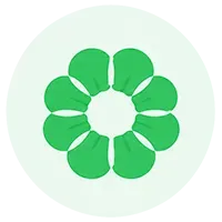Green flower-like logo made of eight petals on a pale mint circle background