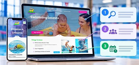 Website mockup on laptop and phone with colorful feature icons and a family photo banner