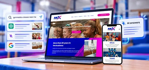 Website and mobile app mockups displayed on a laptop, phone, and floating UI cards