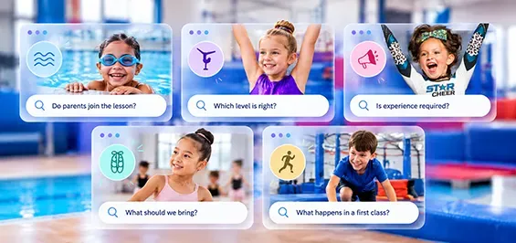 Six swimming lesson options shown as colorful cards with children in a bright pool background