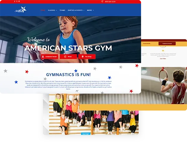A collage of three images of a website for an american stars gym.