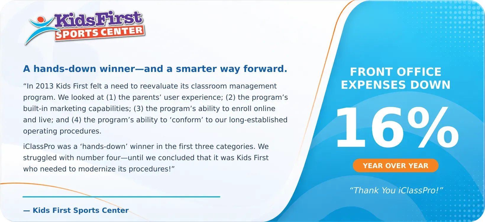 Kids First logo and text, with blue badge reading “Front office expenses down 16%”