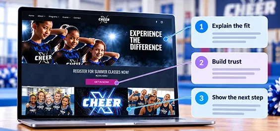 Dark blue computer promo with cast images and three step icons
