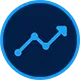 Blue analytics icon with bar chart and rising line graph on a dark circular background