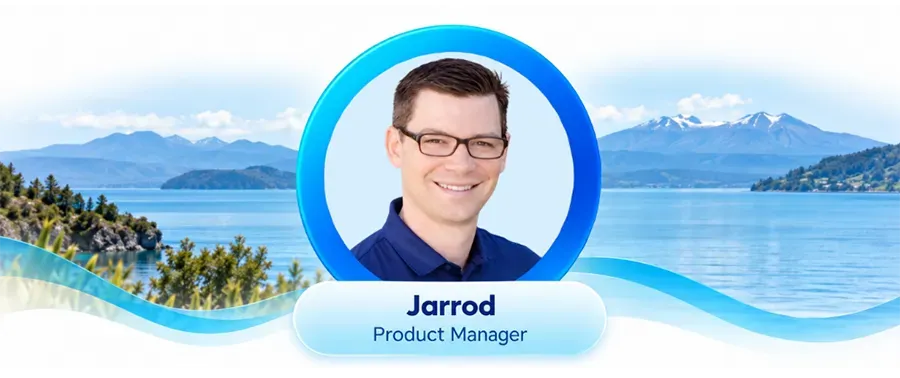 Meet Jarrod, product manager, in a circular headshot over a blue mountain-and-lake background