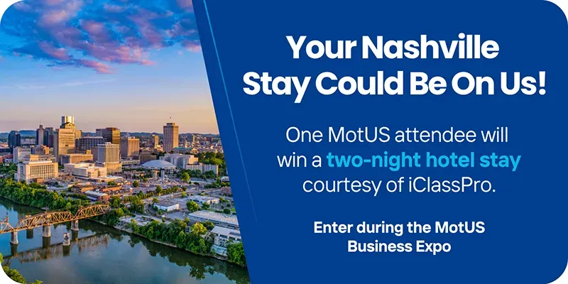 Nashville skyline ad offering a two-night hotel stay courtesy of iClassPro, with blue and white text.
