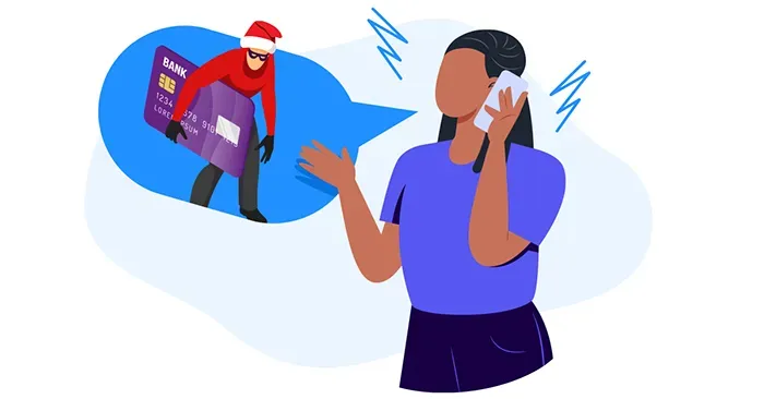 A woman is talking on a cell phone to a thief holding a credit card.