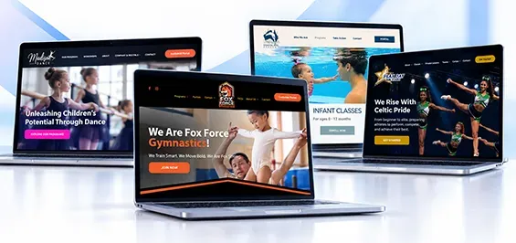 Four website homepage mockups displayed on laptops with colorful banners on a blue background