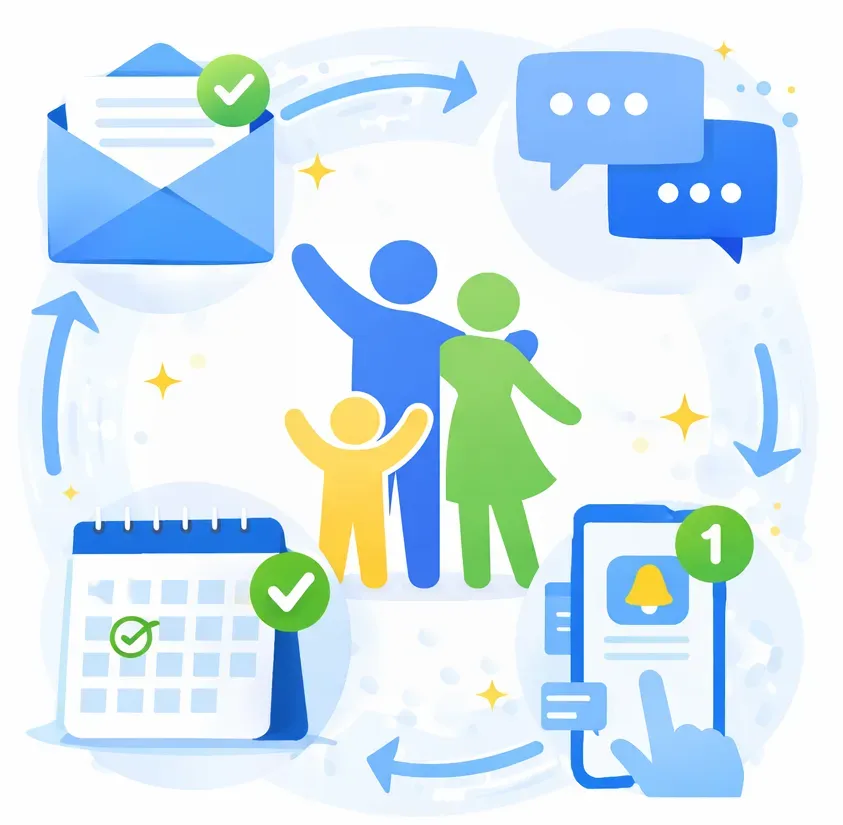 Family surrounded by communication icons