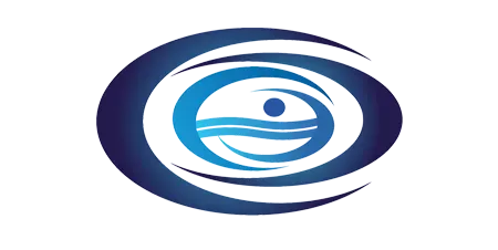 A blue and white circle with a smiley face inside of it.