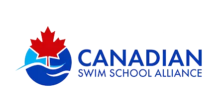 The logo for the canadian swim school alliance has a maple leaf on it.