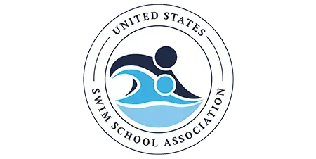 The logo for the united states swim school association shows a person swimming in the water.