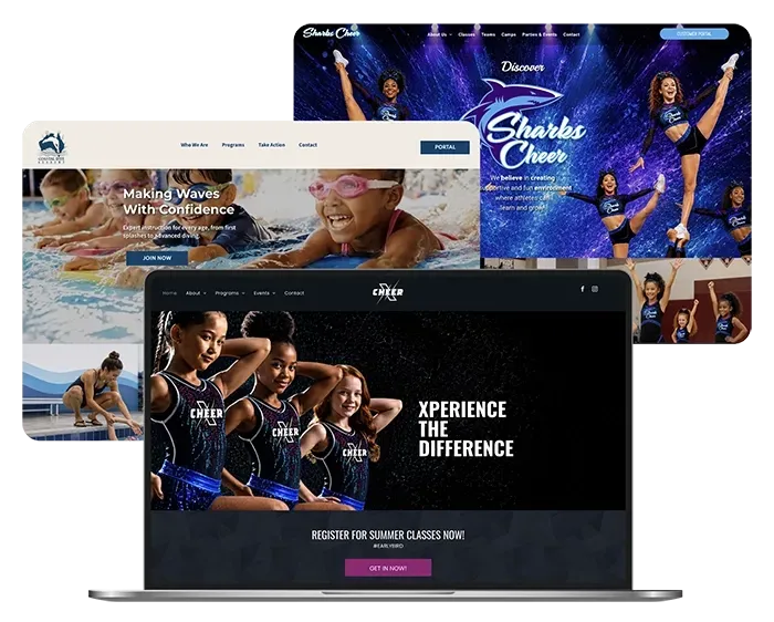 Three overlapping laptop screens showing sports websites