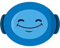 Blue smiling face icon with closed eyes and headphones