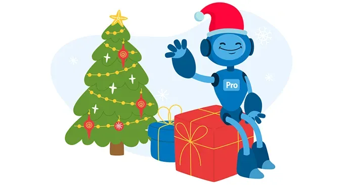 A robot wearing a santa hat is sitting on a gift box next to a christmas tree.