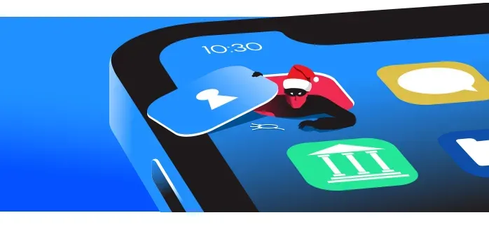 Illustration of a cell phone with a suspicious man popping out of an app.