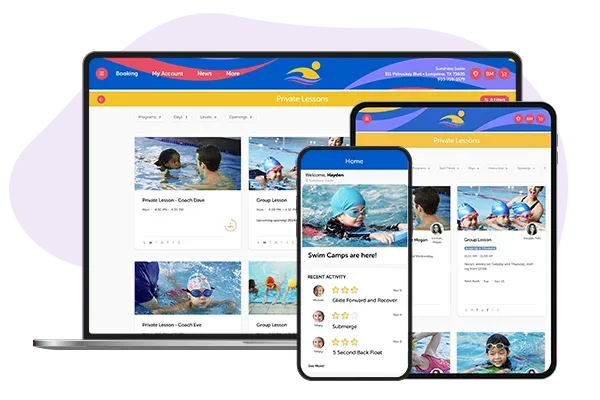 A laptop , tablet , and cell phone displaying a swimming website.