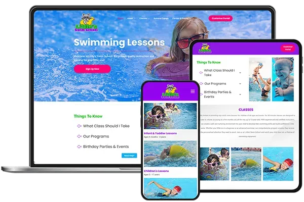 A laptop , tablet , and cell phone displaying a website for swimming lessons.