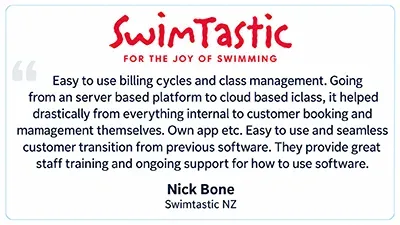 SwimTastic promo with blue water pattern and text about cloud-based swim class management by Nick Bone