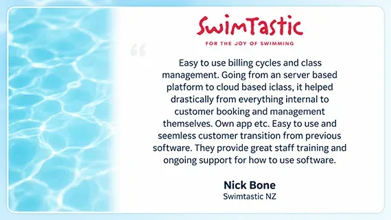SwimTastic promo with blue water pattern and text about cloud-based swim class management by Nick Bone