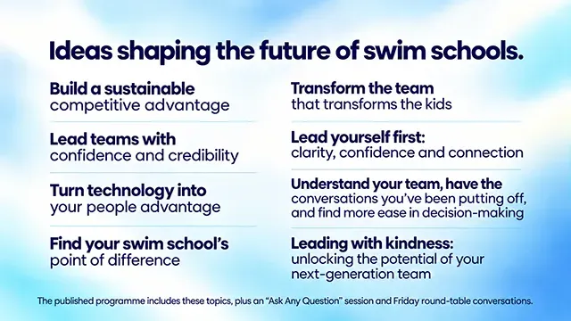 Blue-and-white infographic with swim school ideas and six leadership tips for growth