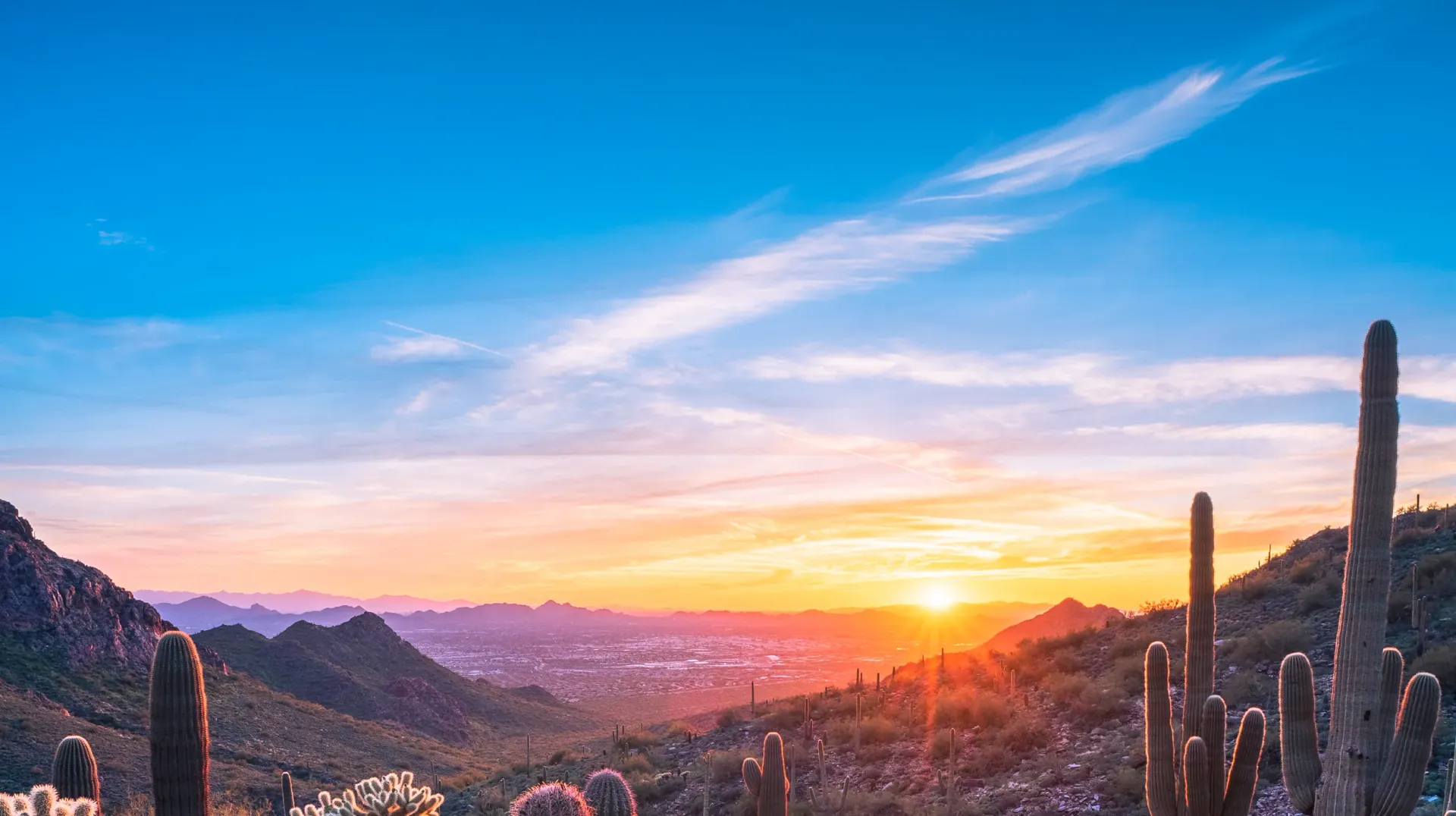 Sunset over a desert valley with cacti and mountain silhouettes under a blue-orange sky