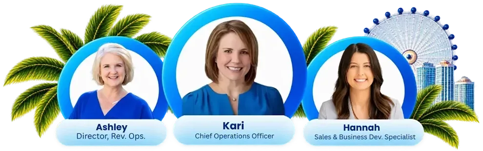 Three candidate profile portraits on a tropical blue background, with palm leaves and a Ferris wheel.