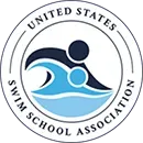 United States Swim School Association logo with stylized swimmer in navy and blue waves