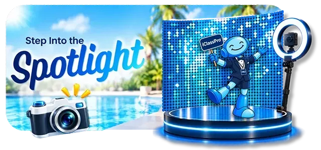 Promo with camera, blue mascot, and ring light on a bright poolside stage