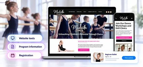 Yoga studio website mockup with pink and blue buttons on a laptop screen