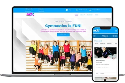 A laptop and a cell phone are displaying a website for a gym.