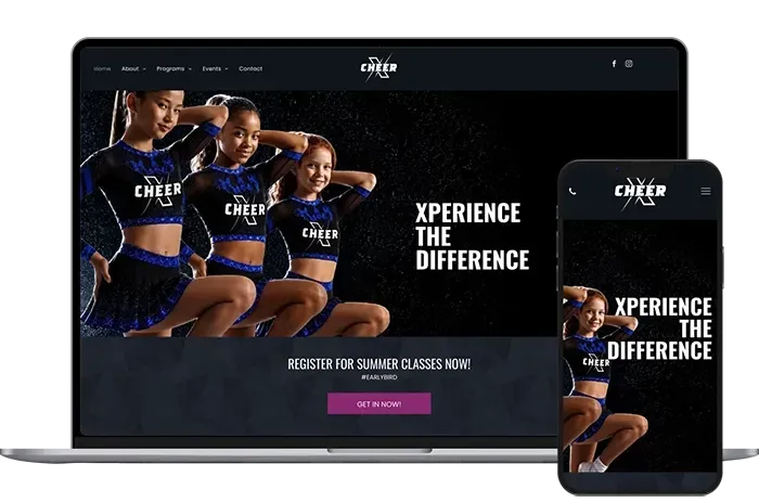 Website mockup on laptop and phone showing dancers