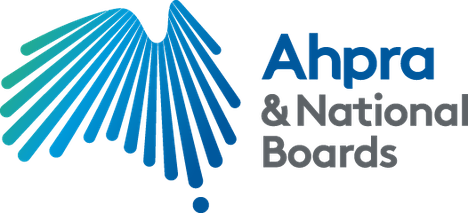 Ahpra logo: Australia shape graphic with blue and teal lines. 
