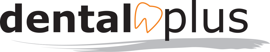 Dental Plus logo with black text and a tooth outline in orange. A gray shadow runs along the bottom.