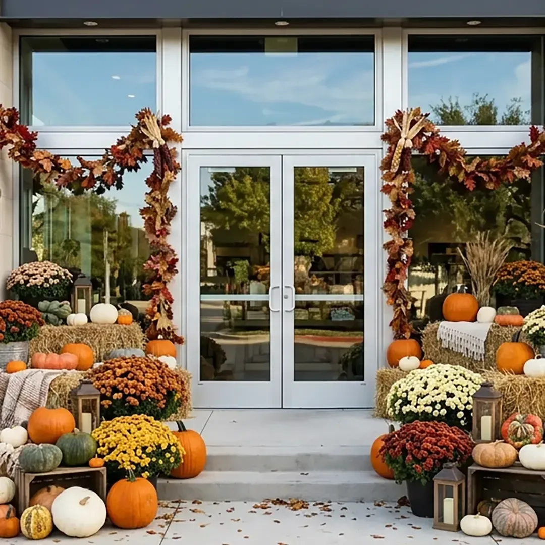 Autumn-decorated storefront entrance with pumpkins, mums, garlands, and fall wreaths on either side of glass doors